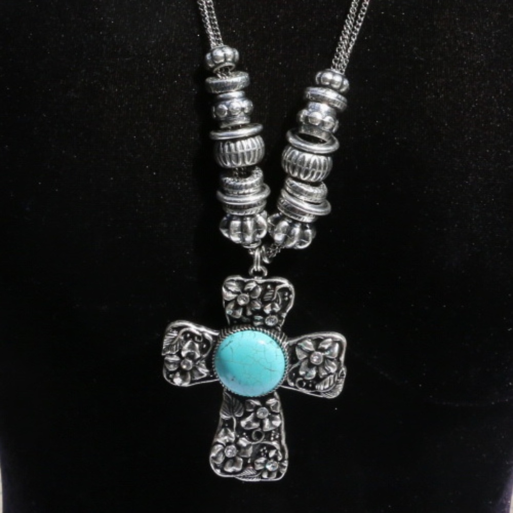 3 for $25 Chunky Boho Cross Necklace Set Stone Silvertone